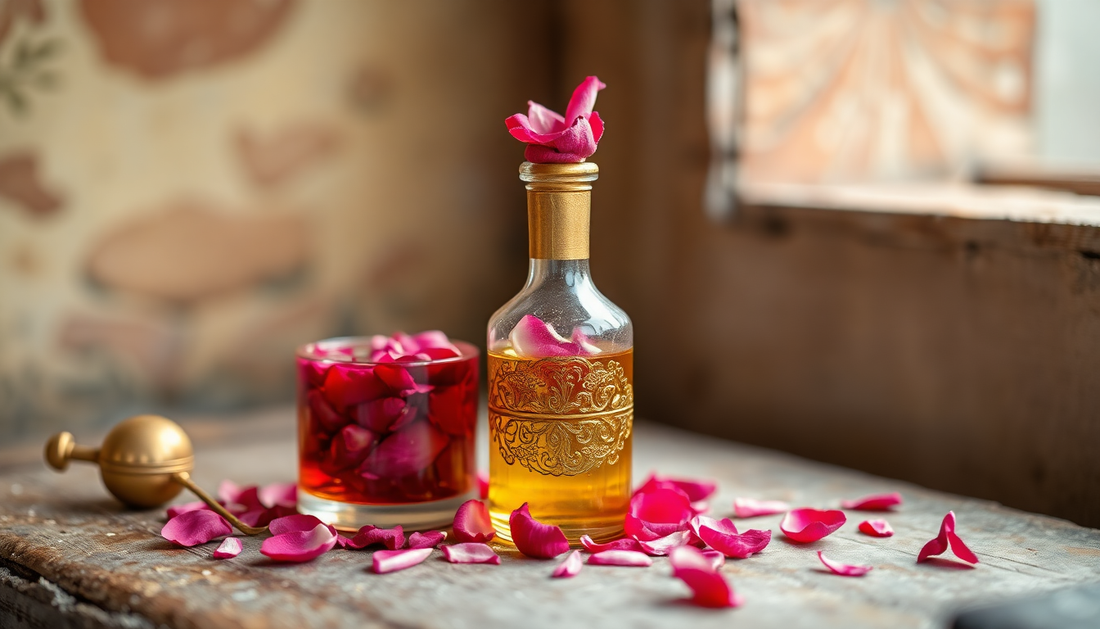 Traditional Kannauj attar bottle with rose petals and brass distiller