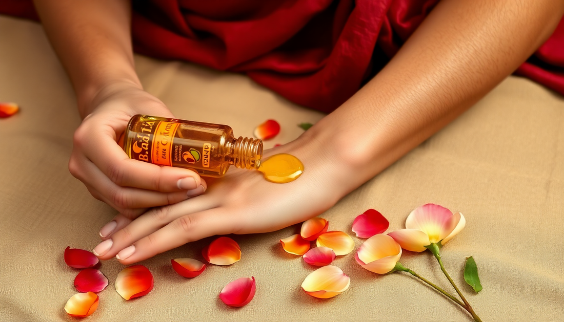 Person applying Kannauj attar oil to wrist beside rose petals