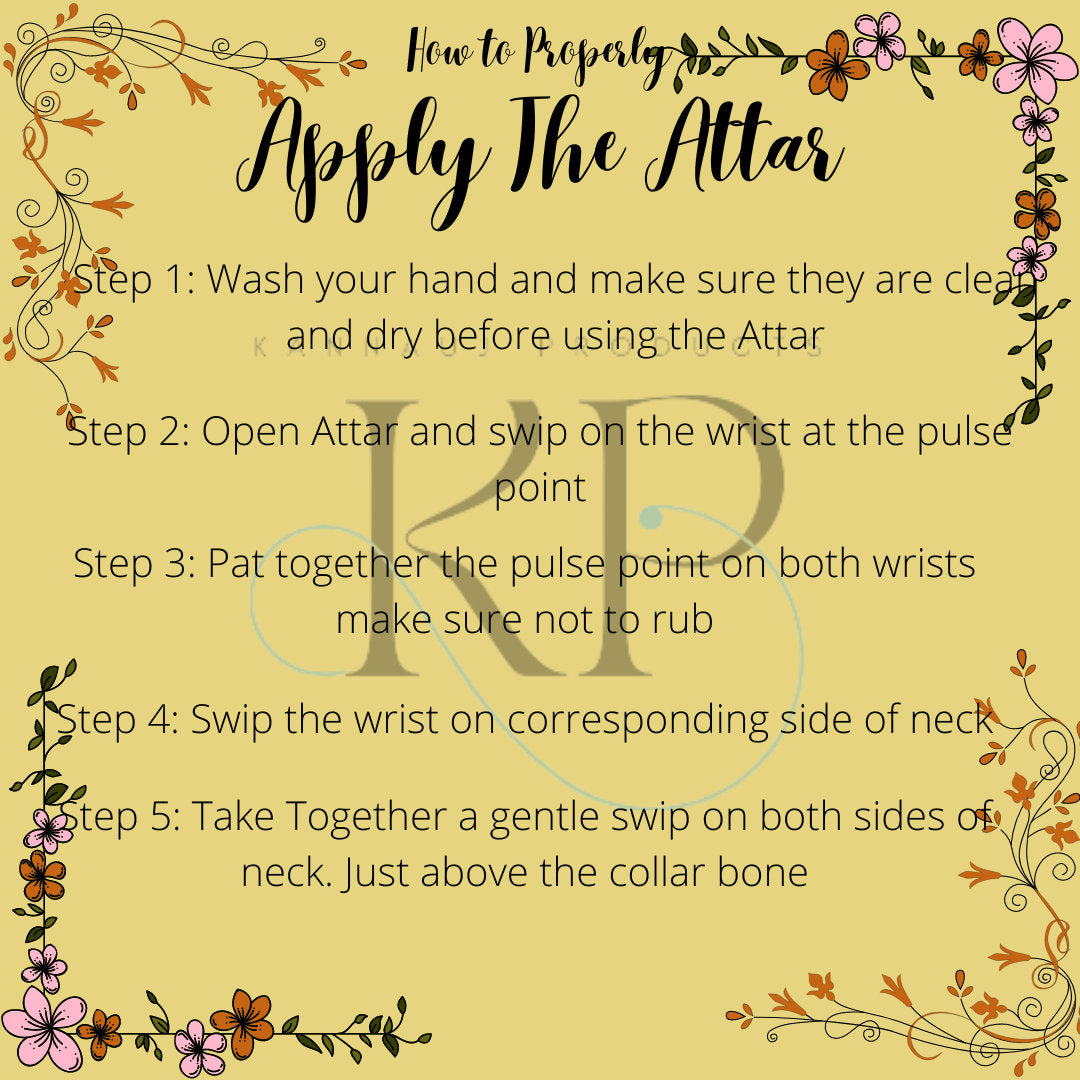 Application instructions poster for premium rose attar oil showing steps to swipe on wrists and neck