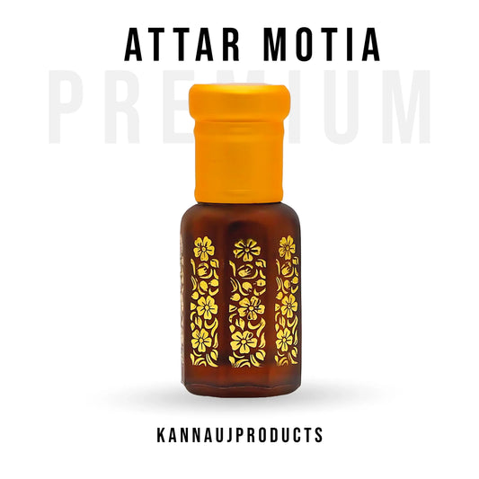 Kannauj products Attar Motia perfume in a brown bottle with yellow floral design and an orange cap
