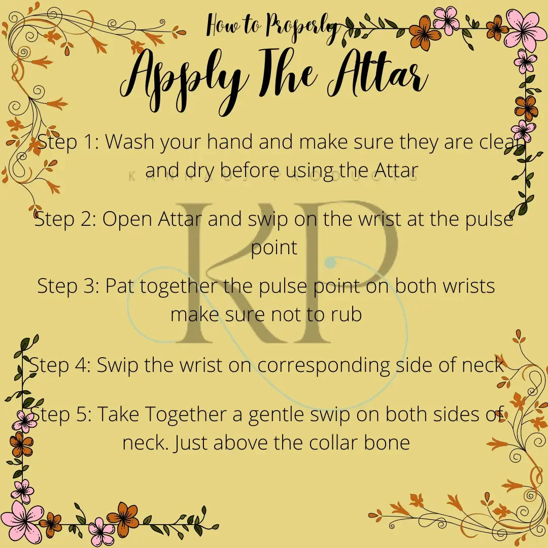 Instructions on how to properly apply Attar Motia perfume from Kannauj products with floral border design