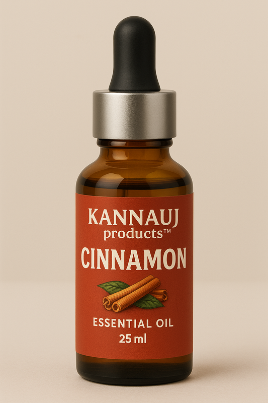 Kannauj Products cinnamon essential oil 25 ml amber glass dropper bottle with red label showing cinnamon sticks