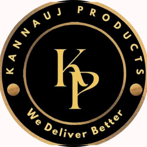 Kannauj Products black and gold circular logo with KP monogram promoting Gopi Chandan tilak online