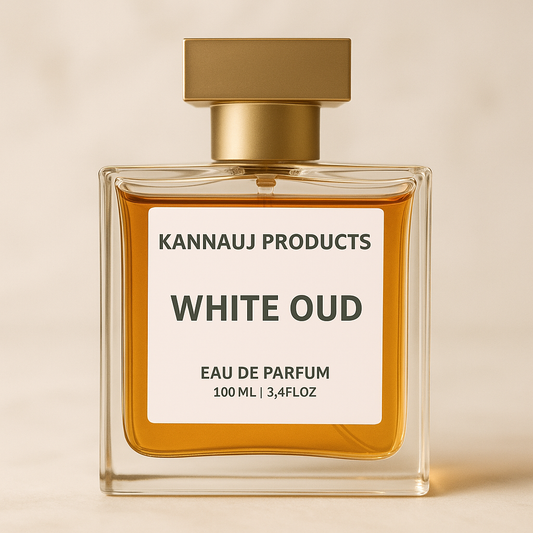 Kannauj Products white oud perfume 100ml in a clear glass bottle with gold cap