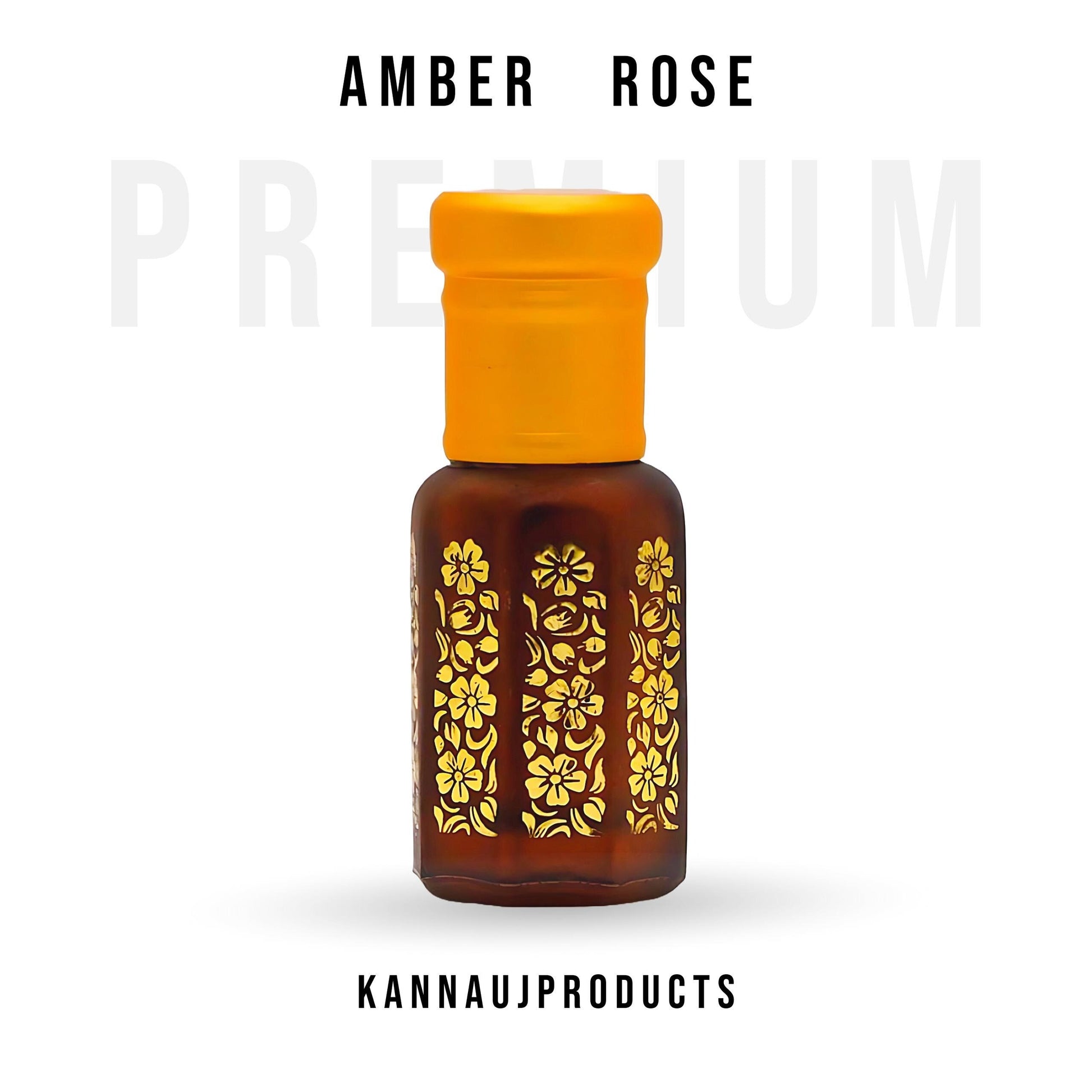 Kannauj Products Amber Rose Attar oil non alcoholic brown floral glass bottle with yellow cap natural perfume oil