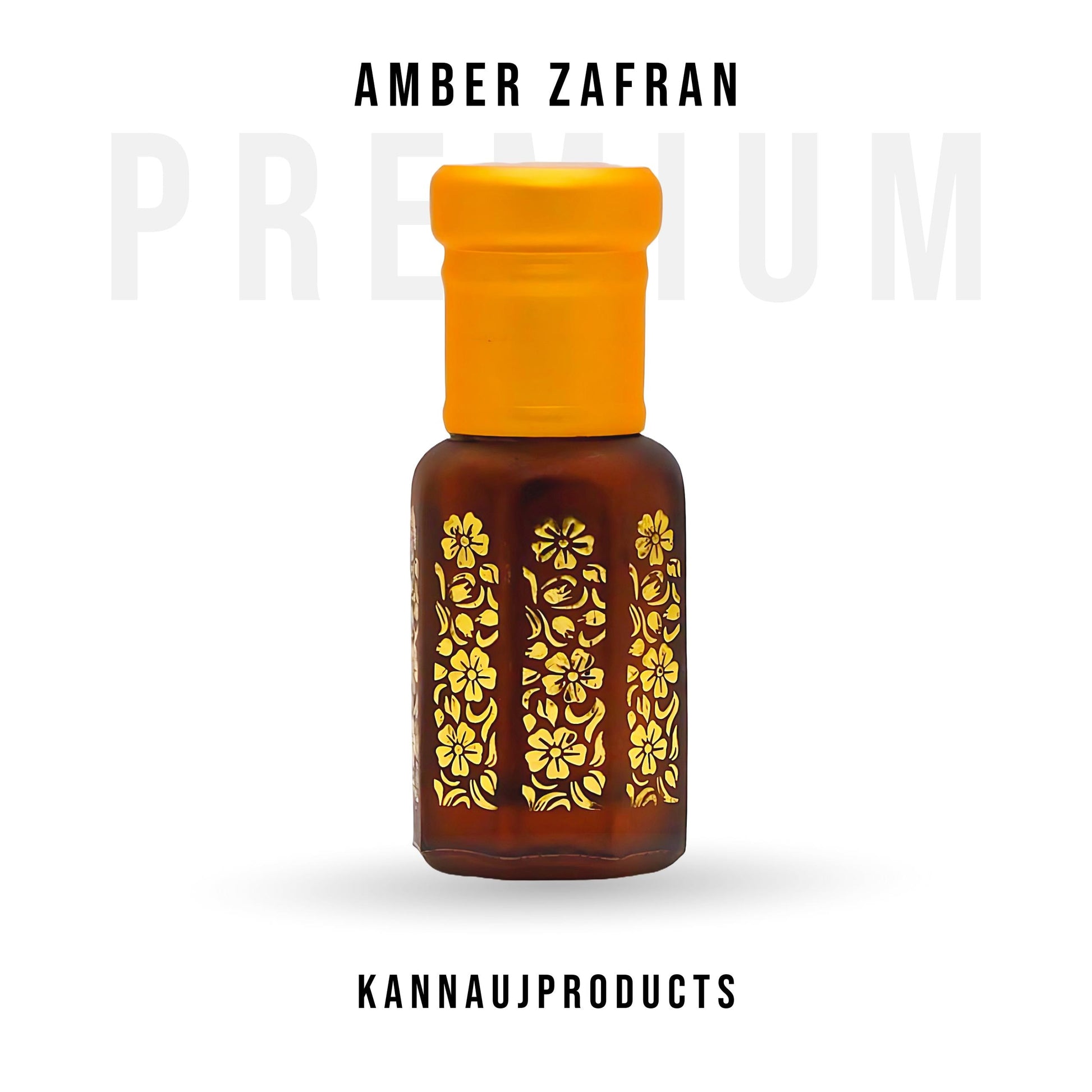 Amber Zafran attar perfume oil brown glass bottle with yellow cap and gold floral design