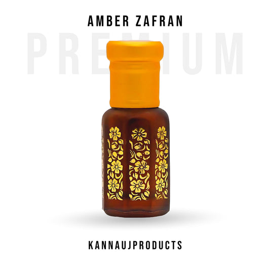 Amber Zafran attar perfume oil brown glass bottle with yellow cap and gold floral design