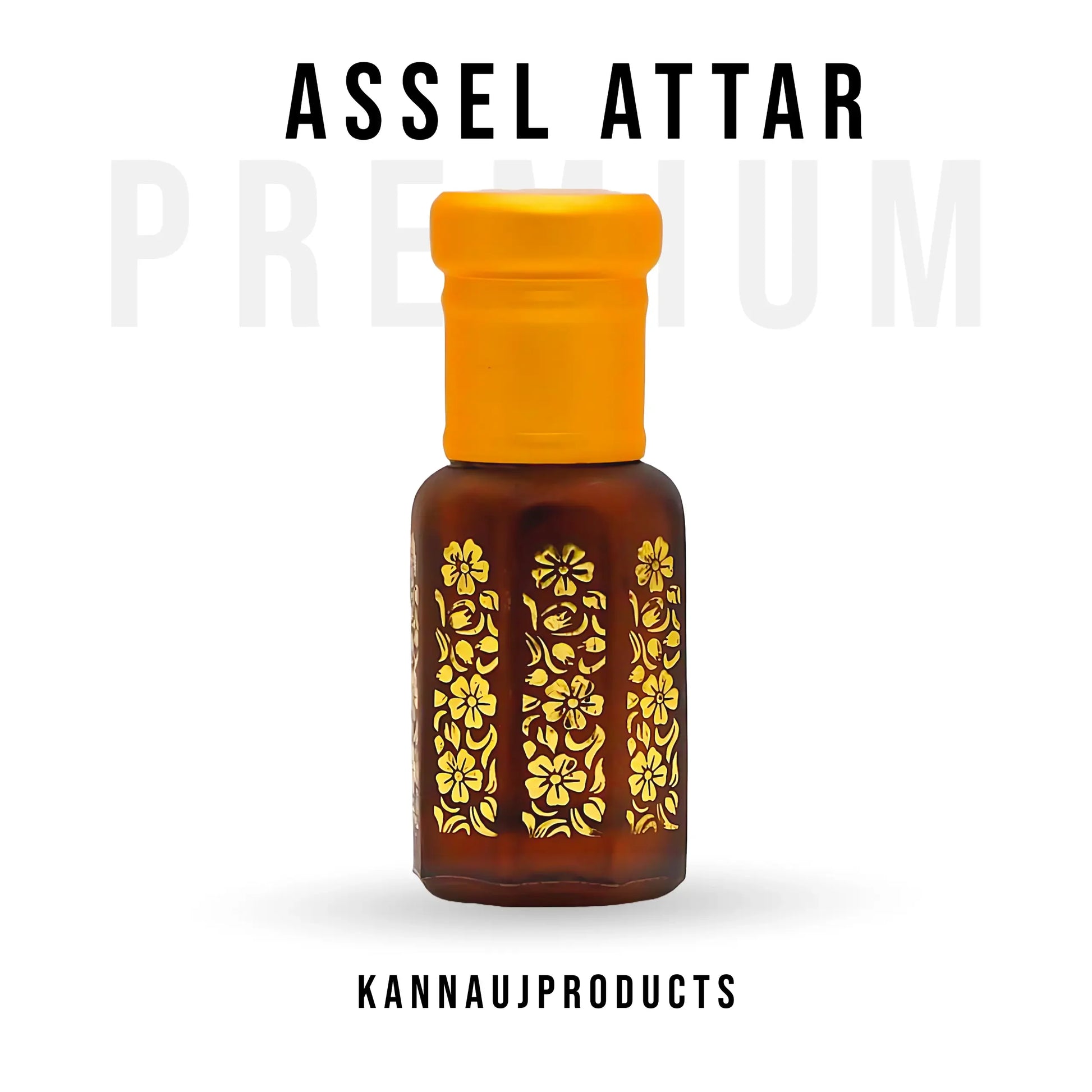 Kannauj products Assel attar premium oil in brown bottle with yellow floral design and cap