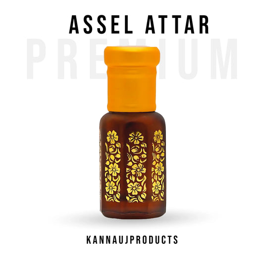 Kannauj products Assel attar premium oil in brown bottle with yellow floral design and cap