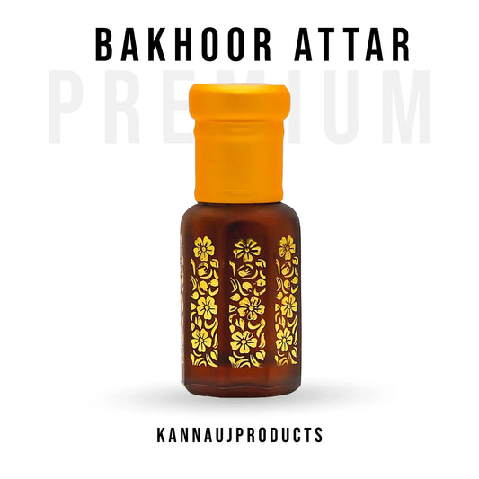 Authentic Kannauj bakhoor attar in a brown bottle with yellow floral design and cap by Kannauj products