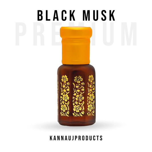 Kannauj products black musk attar in a decorative brown bottle with yellow floral designs and orange cap