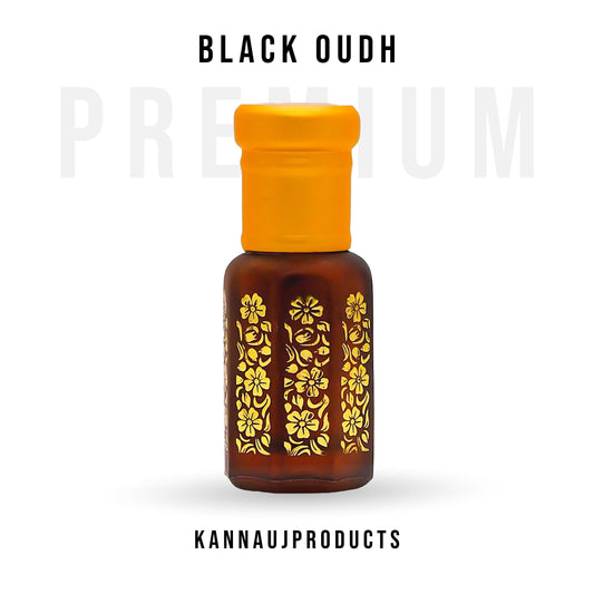 Kannauj Products black oudh perfume oil in decorative brown bottle with orange cap