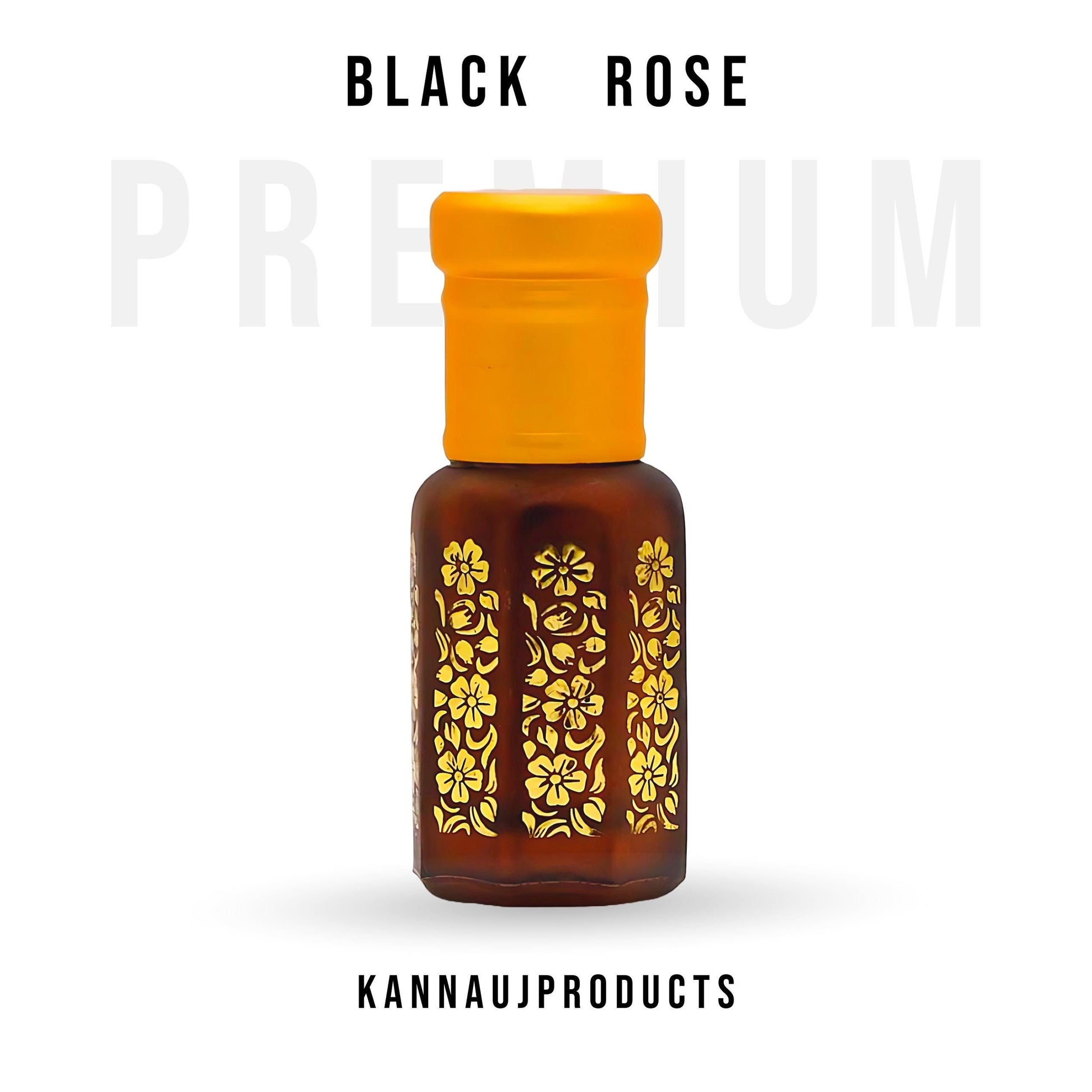 Kannauj Products black rose attar oil in a brown bottle with yellow floral design and orange cap
