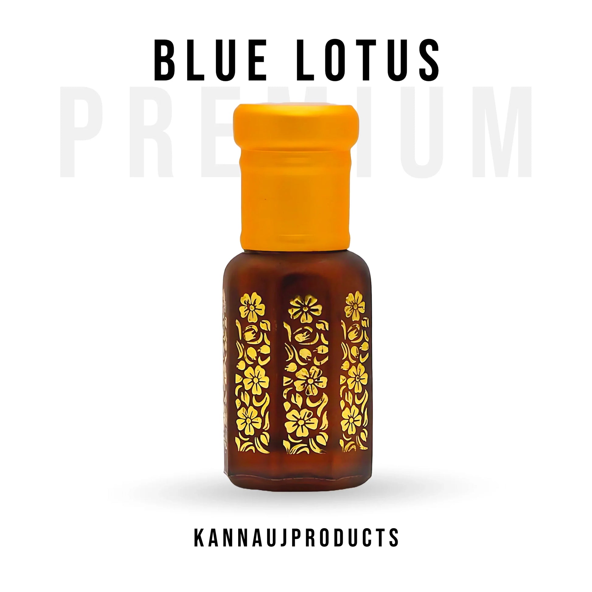 Kannauj Products blue lotus attar oil in a decorative brown bottle with yellow floral design and orange cap