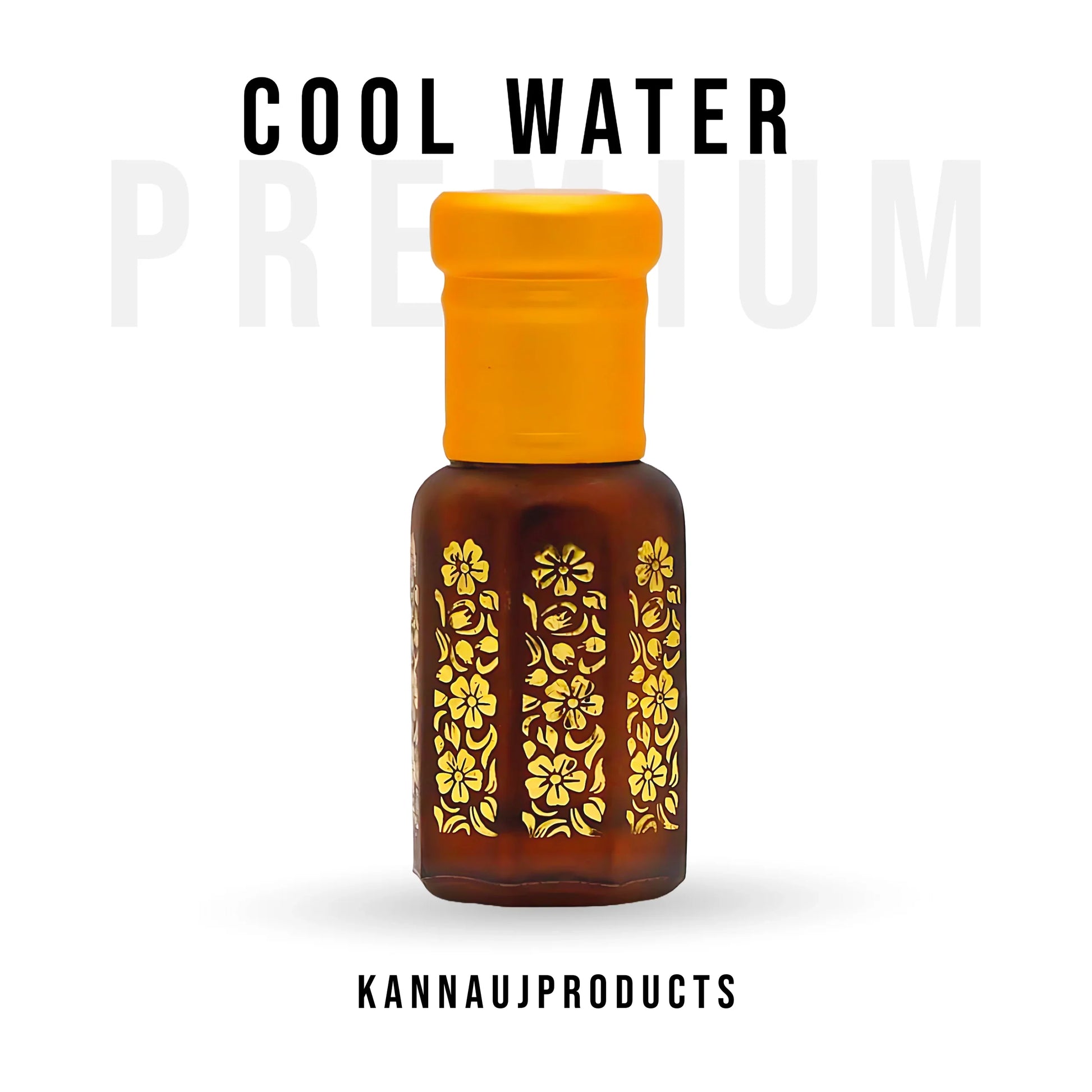 Brown bottle with yellow cap and floral design for cool water attar oil by Kannauj products
