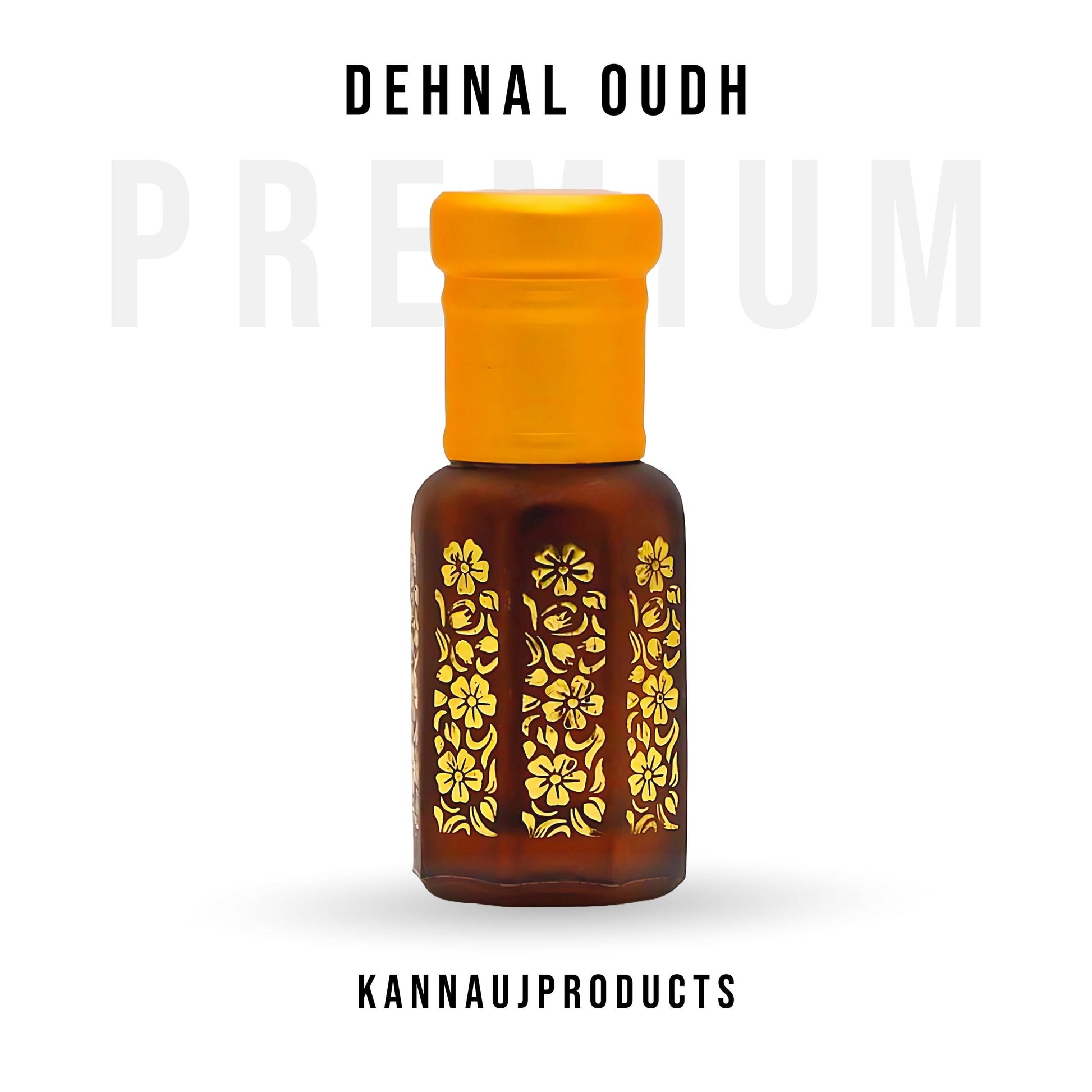 Dehnul Oudh attar in brown glass bottle with yellow cap and gold floral design by Kannauj Products
