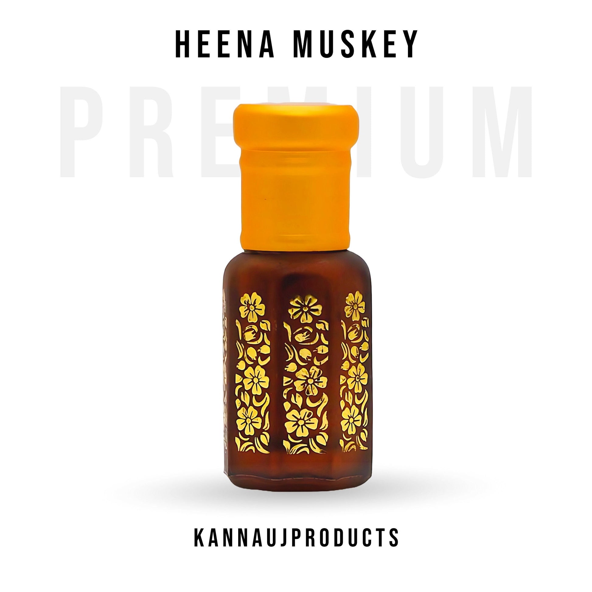 Kannauj Products henna muskey attar amber glass bottle with yellow cap and gold floral design