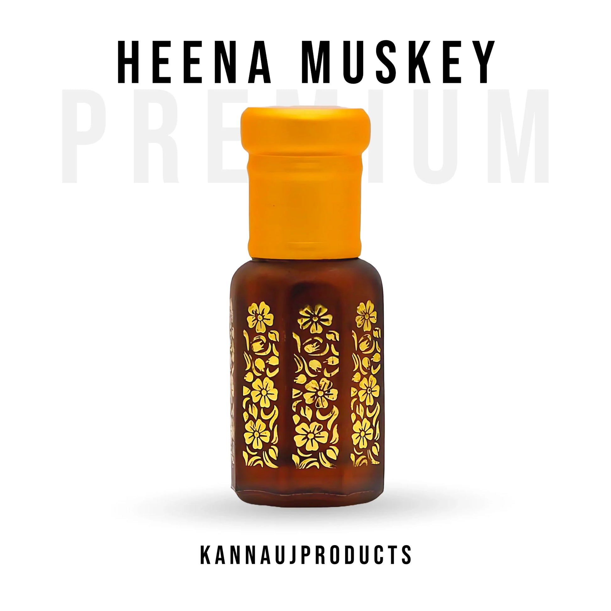 Kannauj products henna muskey attar bottle with floral golden design and orange cap