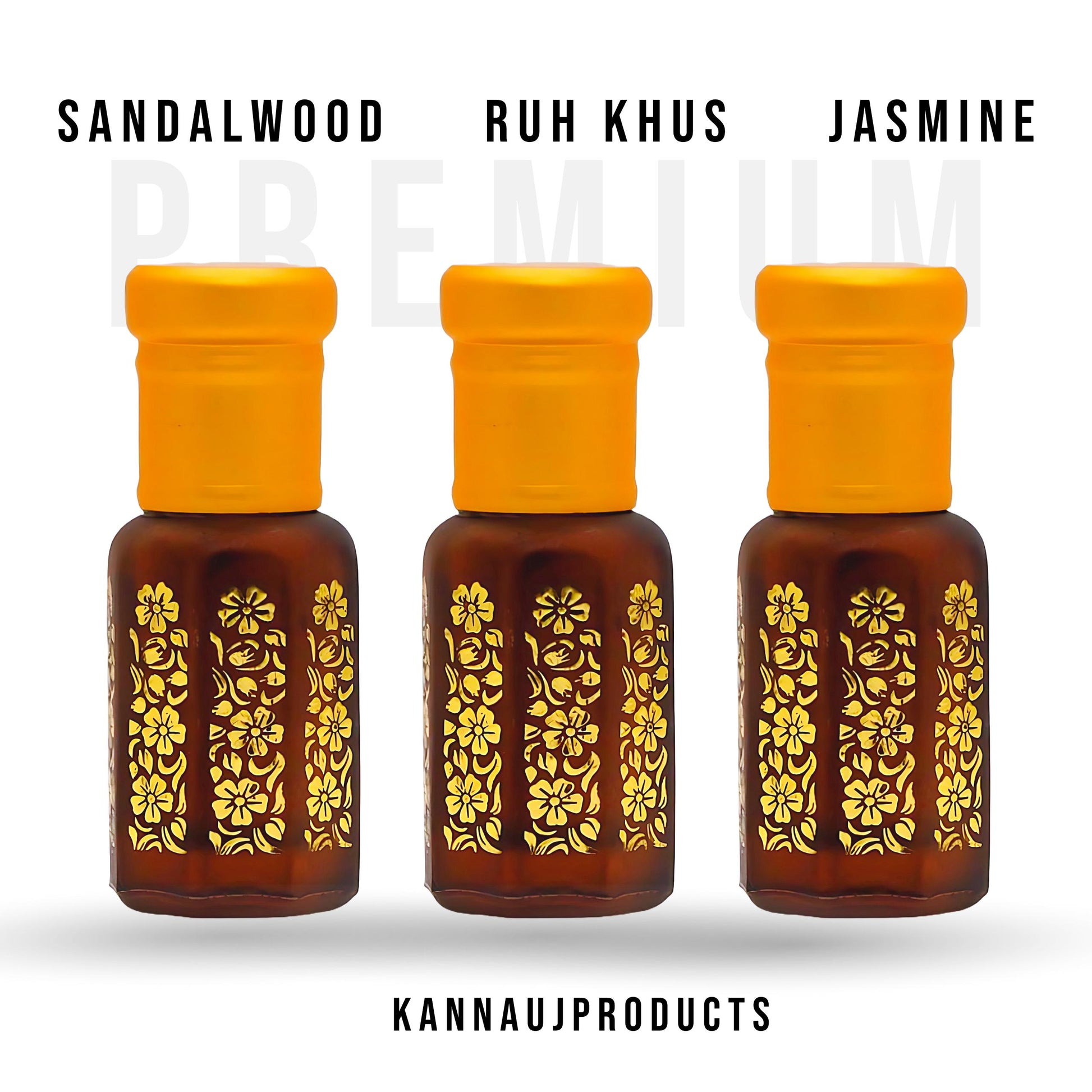 Kannauj Products Indian attar gift set with sandalwood ruh khus and jasmine scents in decorative brown bottles