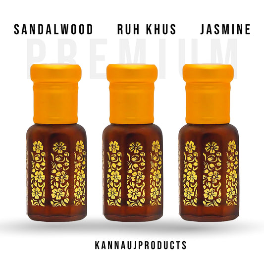 Kannauj Products Indian attar gift set with sandalwood ruh khus and jasmine scents in decorative brown bottles