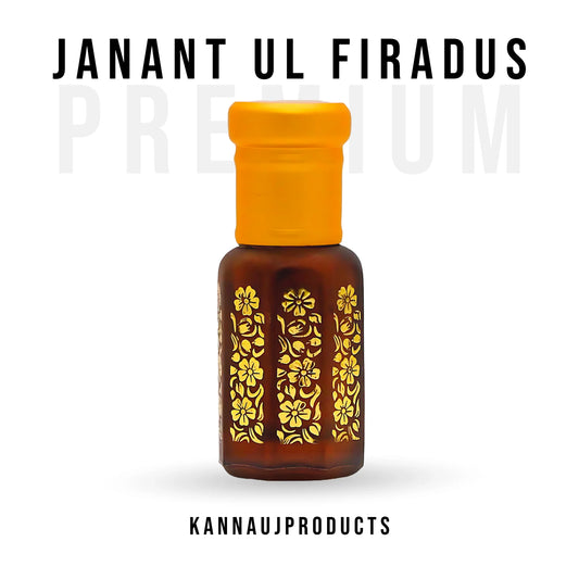 Jannat Ul Firdous attar bottle by Kannauj Products with yellow cap and floral design