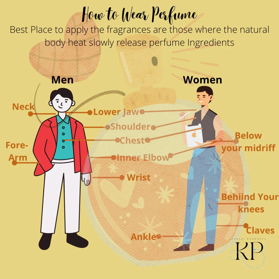 Illustration showing best places to apply Jannat Ul Firdous attar for men and women by Kannauj products