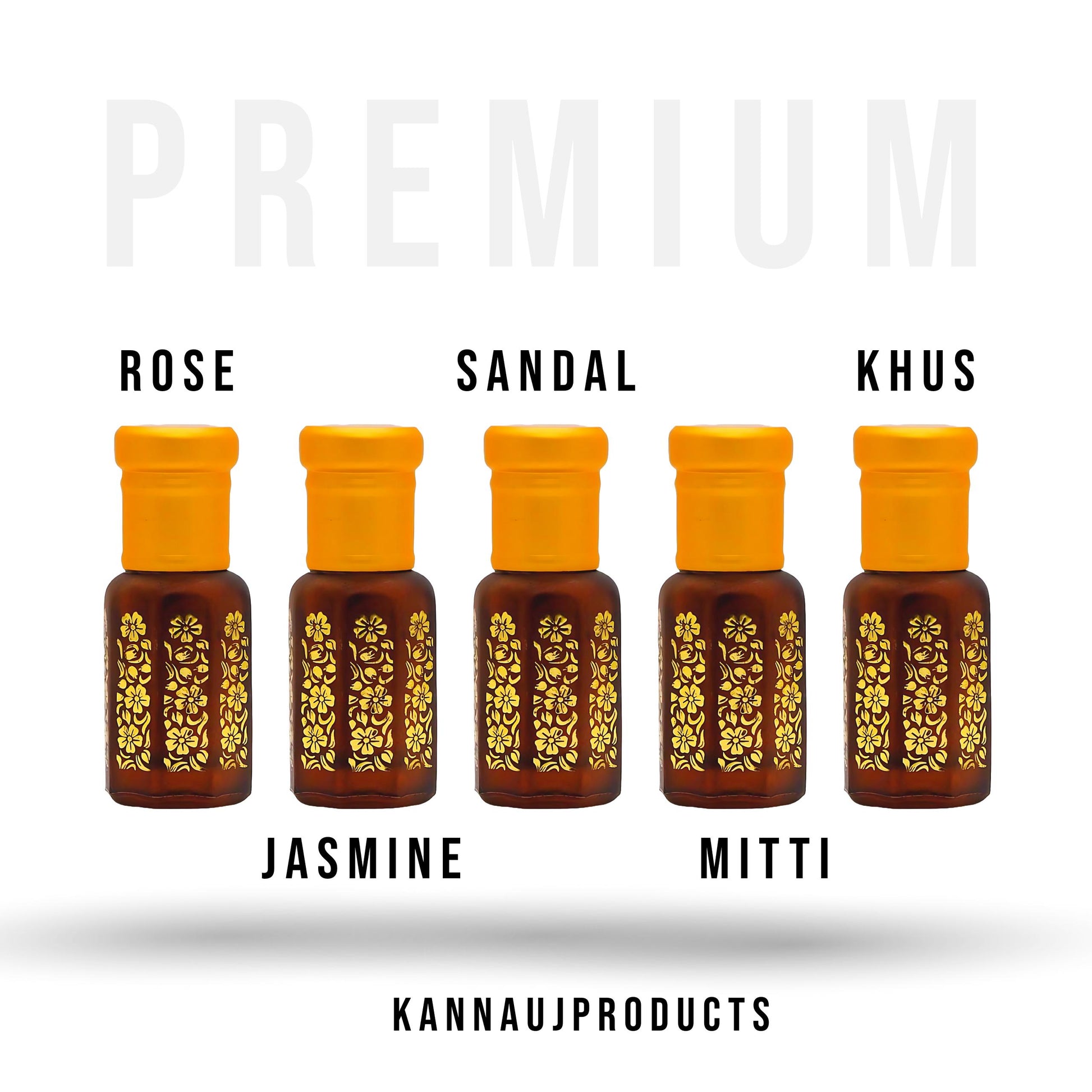 Kannauj Products Luxury attar combo set of five ornate brown bottles with orange caps labeled Rose Jasmine Sandal Mitti Khus