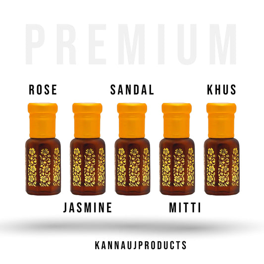 Kannauj Products Luxury attar combo set of five ornate brown bottles with orange caps labeled Rose Jasmine Sandal Mitti Khus