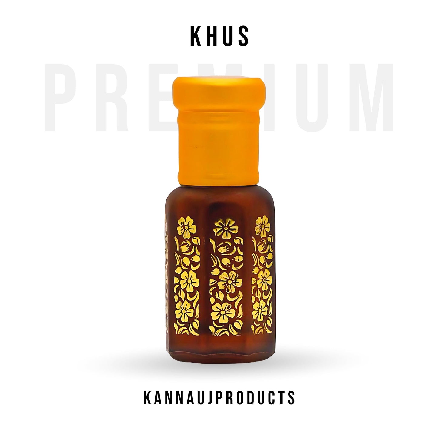 Luxury attar combo set amber khus attar bottle with yellow cap and gold floral pattern by Kannauj Products