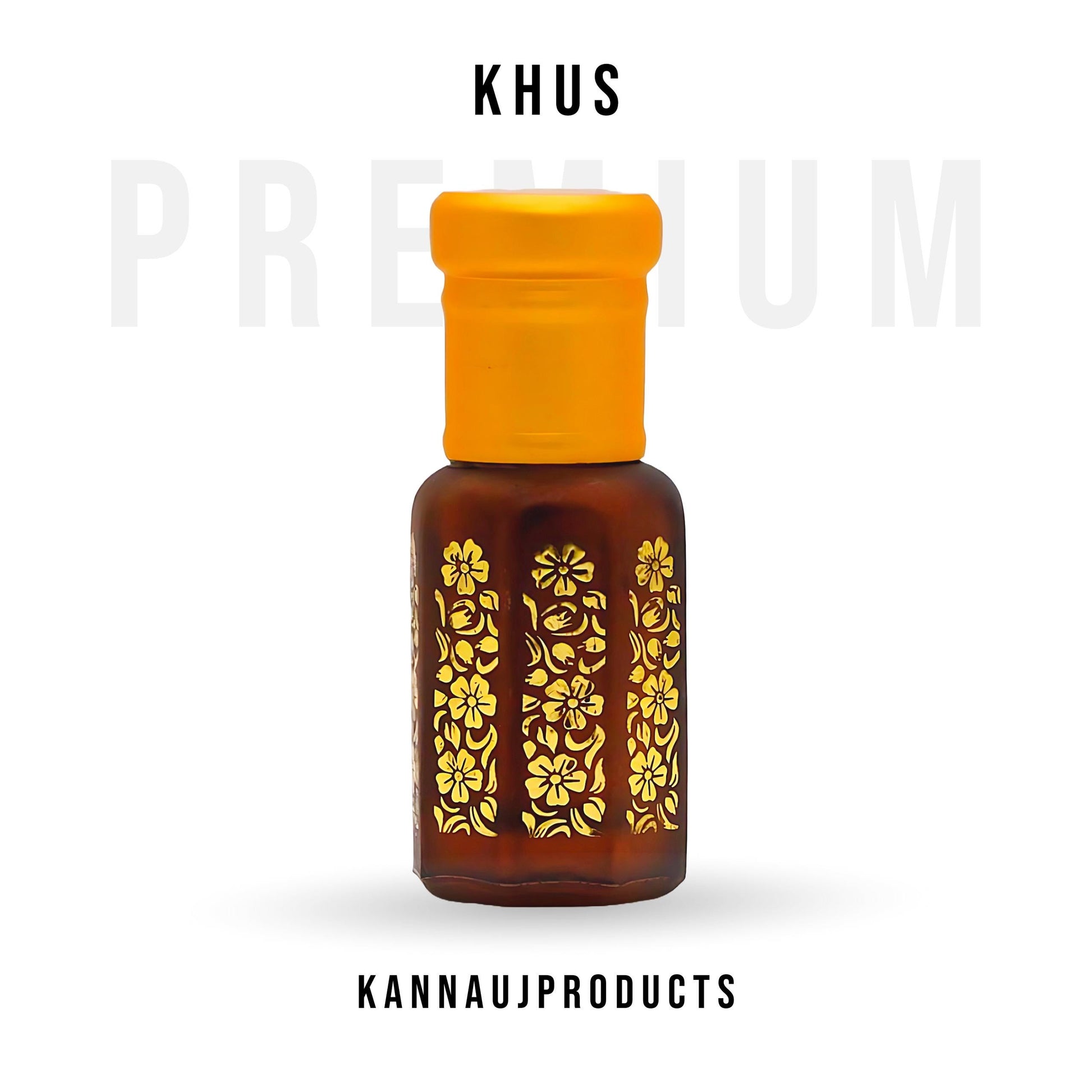 Luxury attar combo set amber khus attar bottle with yellow cap and gold floral pattern by Kannauj Products