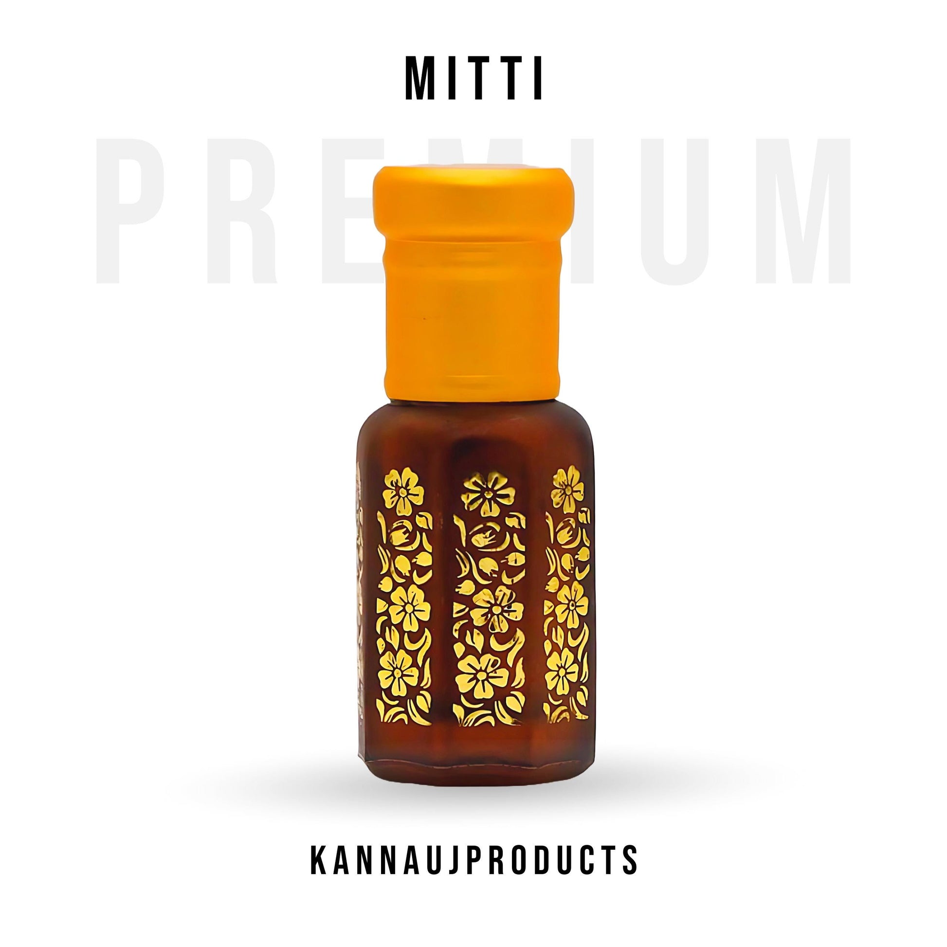Luxury attar combo set Mitti amber glass bottle with yellow cap and gold floral design by Kannauj Products