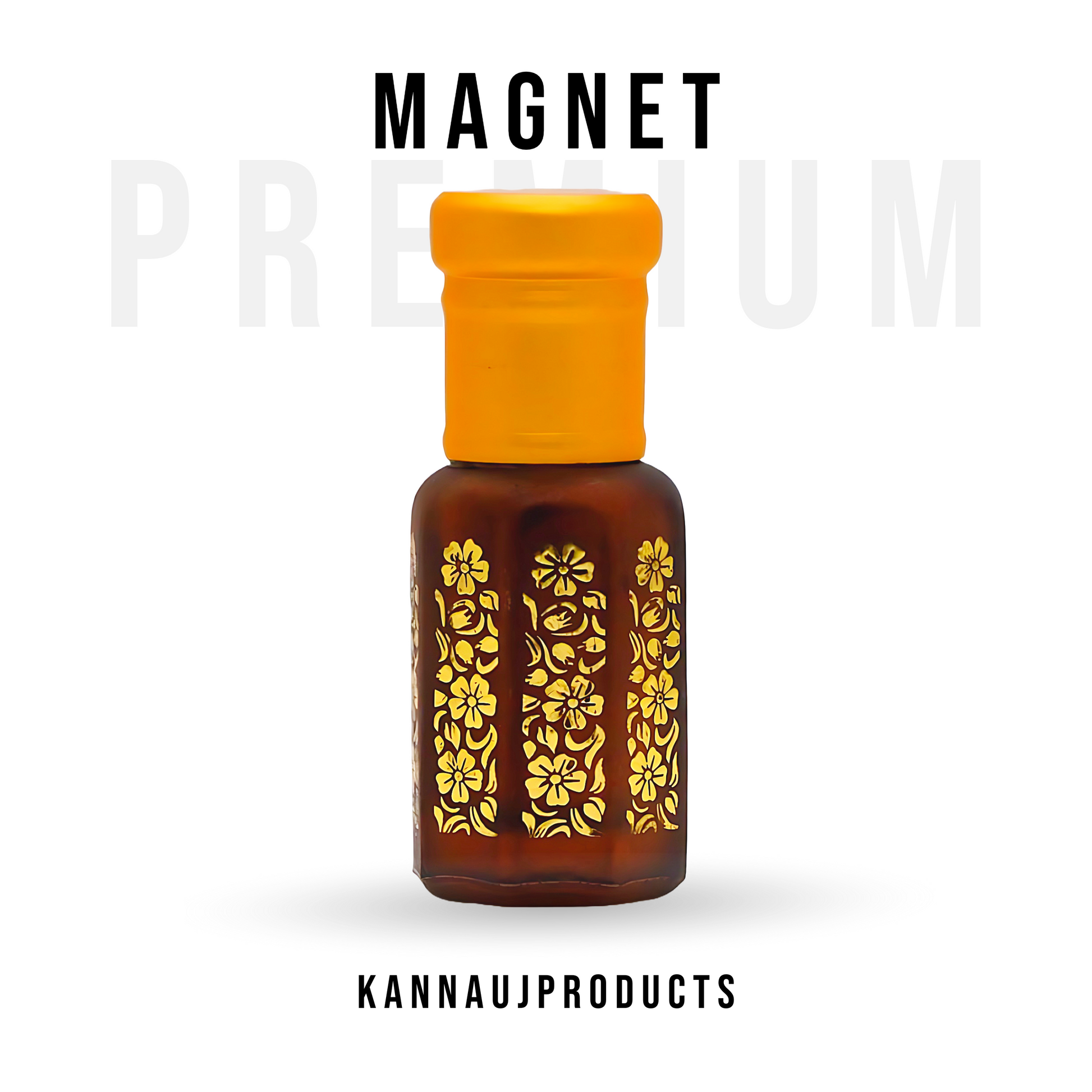 Kannauj products magnet attar perfume for unisex in brown bottle with yellow cap and floral design