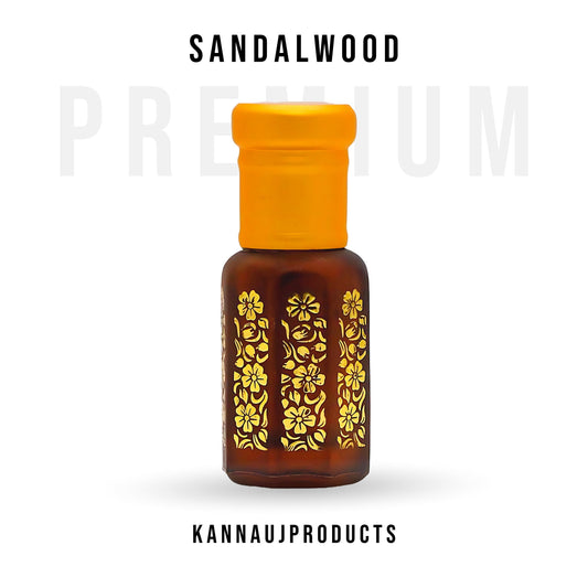 Kannauj Products mysore sandalwood attar amber glass bottle with yellow cap and gold floral design