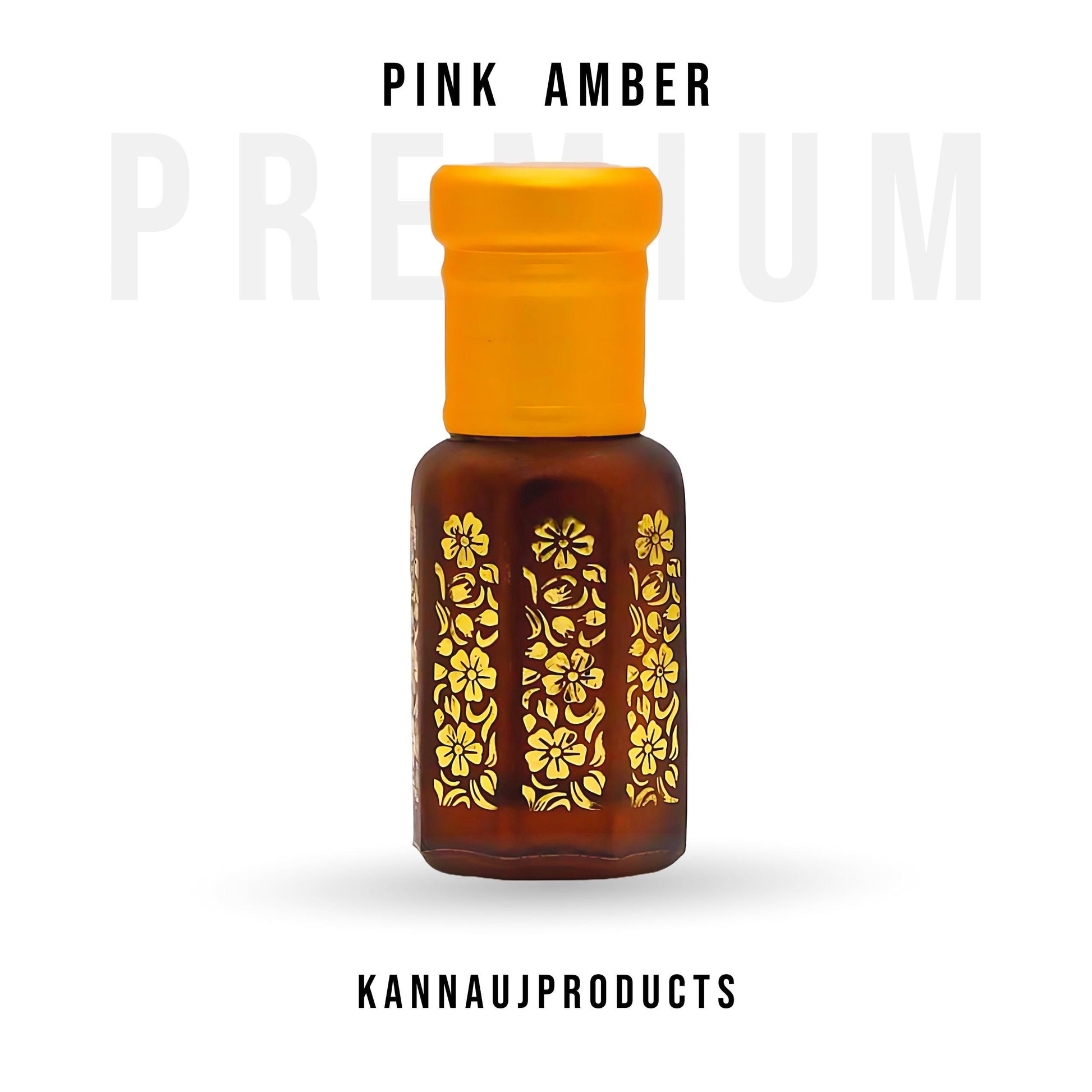 Kannauj Products pink amber attar perfume oil in amber glass bottle with yellow cap and gold floral design