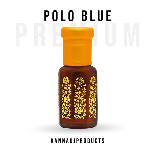 Polo Blue attar oil in brown glass bottle with gold floral design and yellow cap by Kannauj products