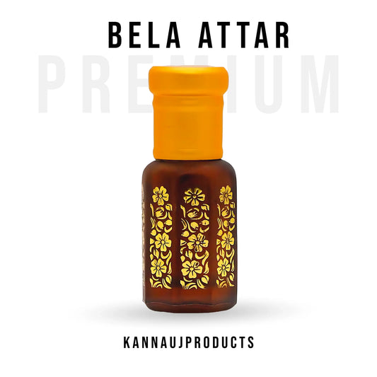 Premium bela attar oil bottle with golden floral design and yellow cap by Kannauj products