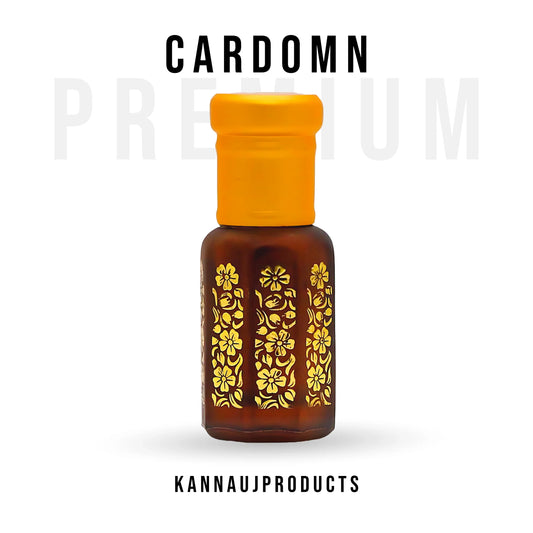 Kannauj products premium cardamom attar oil in decorative brown glass bottle with yellow cap