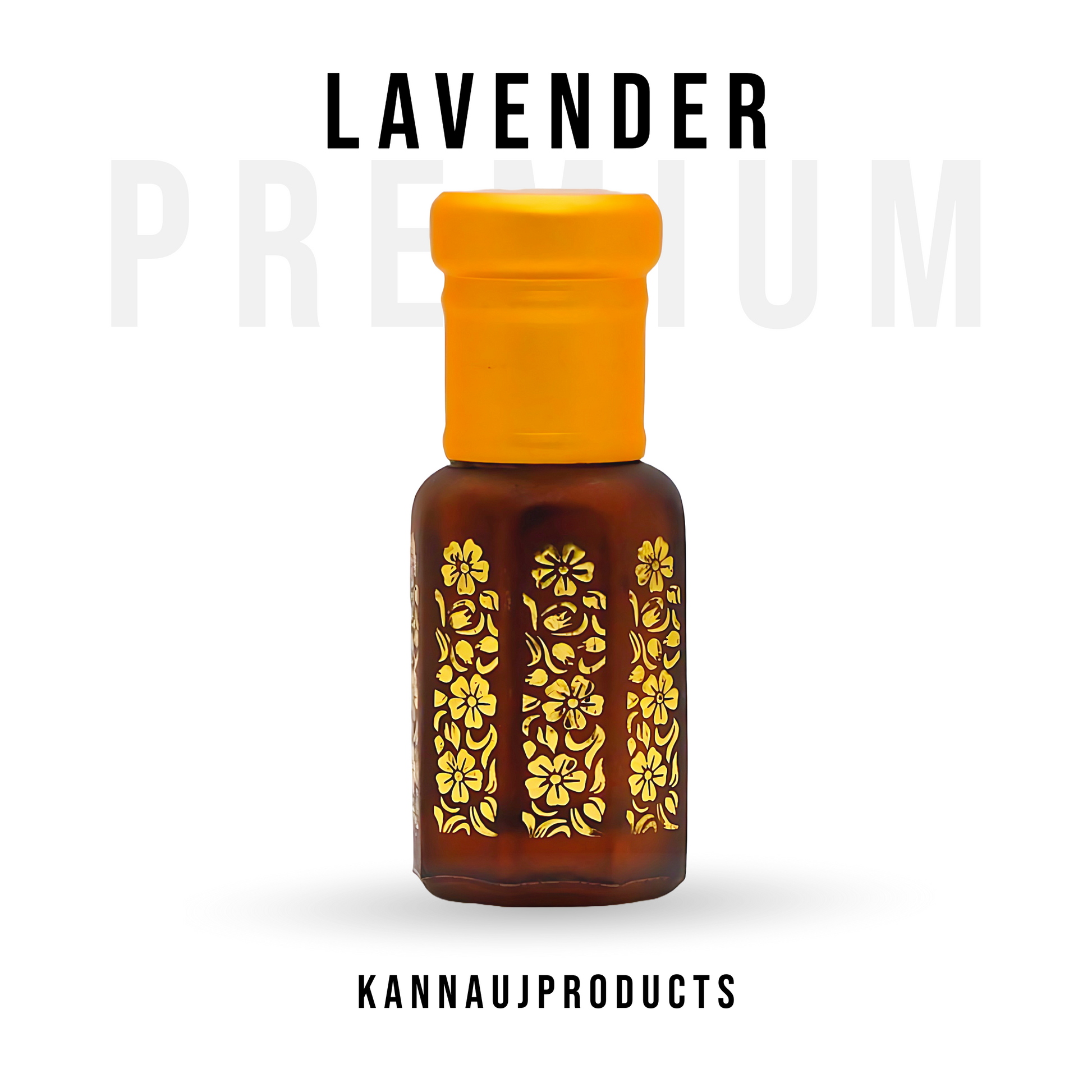 Kannauj products premium lavender attar oil in a decorative brown glass bottle with yellow cap