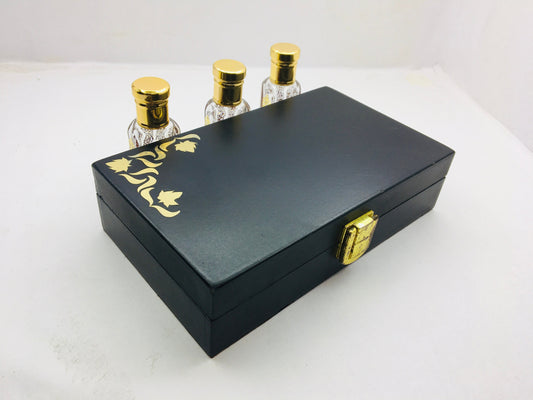 Kannauj Products premium musk attar combo pack black gift box with gold floral detail and three glass bottles