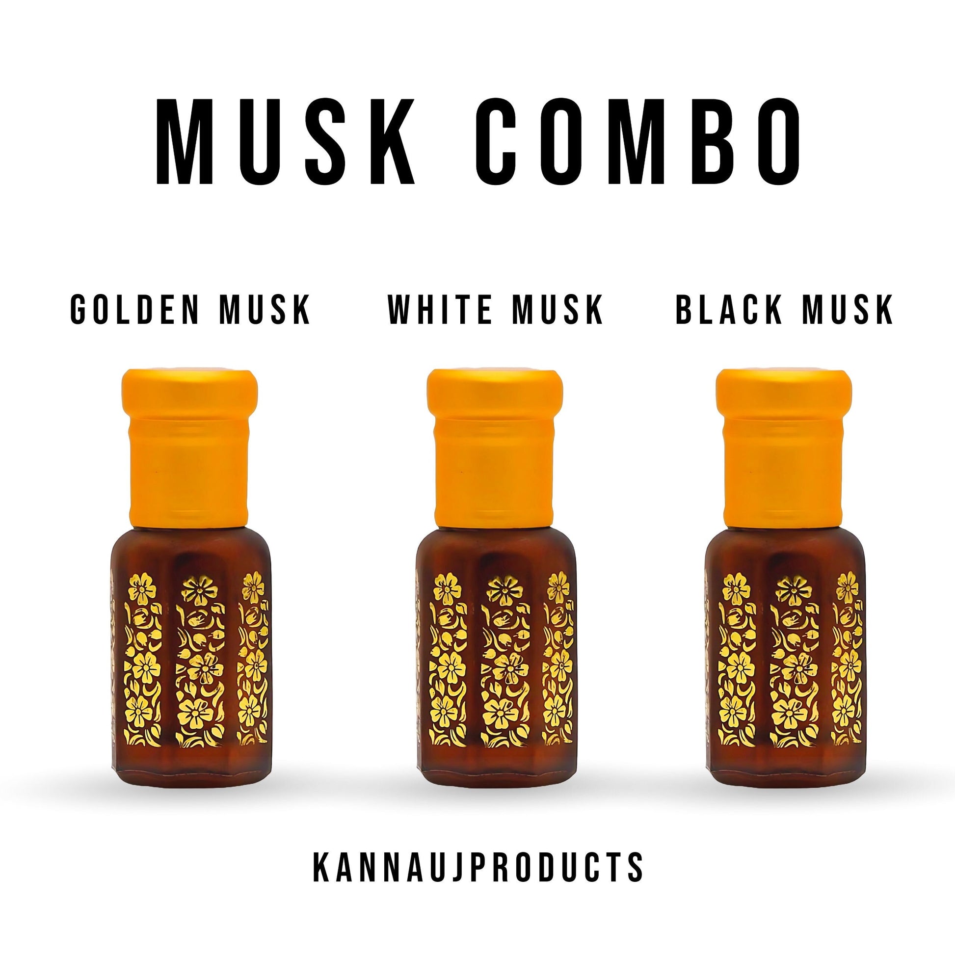 premium musk attar combo pack showing three brown bottles with yellow caps labeled Golden Musk White Musk Black Musk