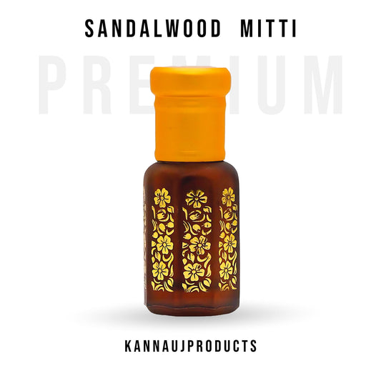 Kannauj Products sandalwood mitti bottle with yellow cap and gold floral design pure mitti attar