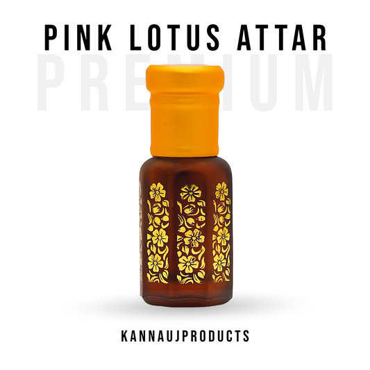 Kannauj products pure pink lotus attar in a small brown bottle with yellow floral designs and orange cap