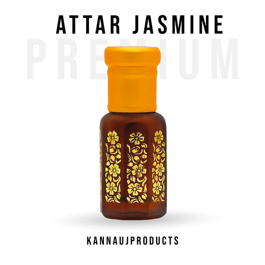 Kannauj products unisex jasmine attar oil in a brown bottle with yellow floral design and orange cap