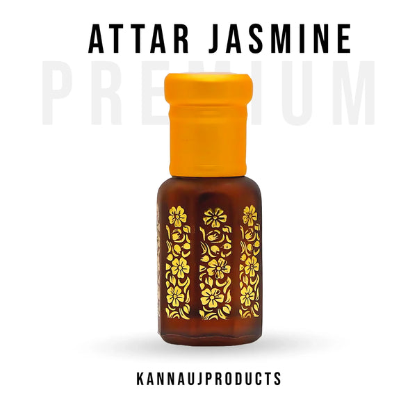 Kannauj products unisex jasmine attar oil in a brown bottle with yellow floral design and orange cap