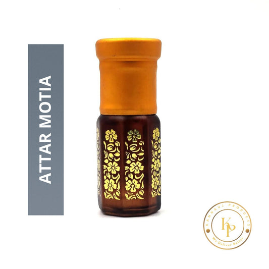 Kannauj Products Attar Motia jasmine sambac perfume in brown glass bottle with gold floral design and gold cap