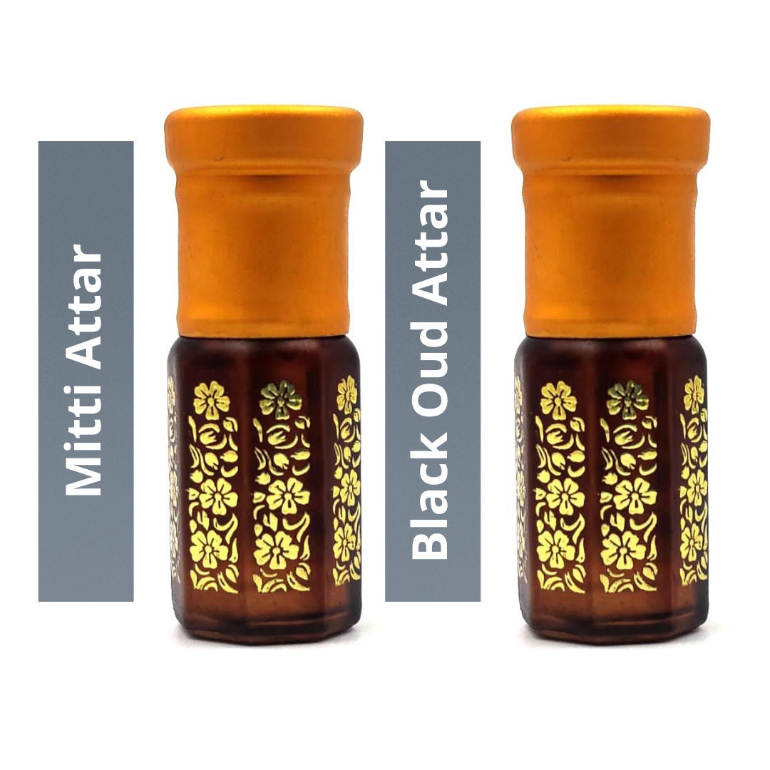 Kannauj mitti attar and black oud attar combo two ornate brown glass attar bottles with orange caps labeled Mitti and Black Oud