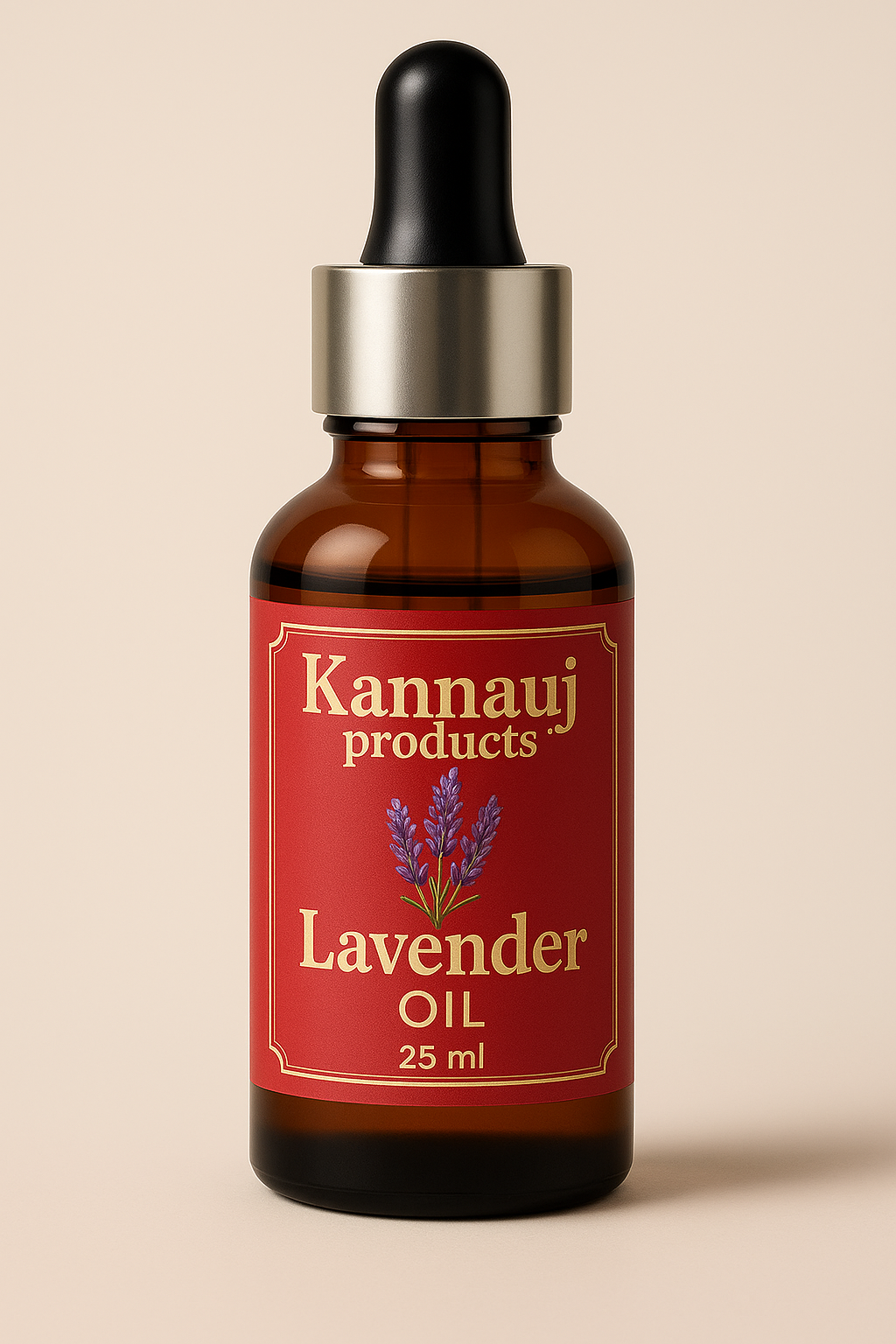 Lavender oil amber dropper bottle labeled Kannauj products 25 ml highlighting pure essential oils online selection