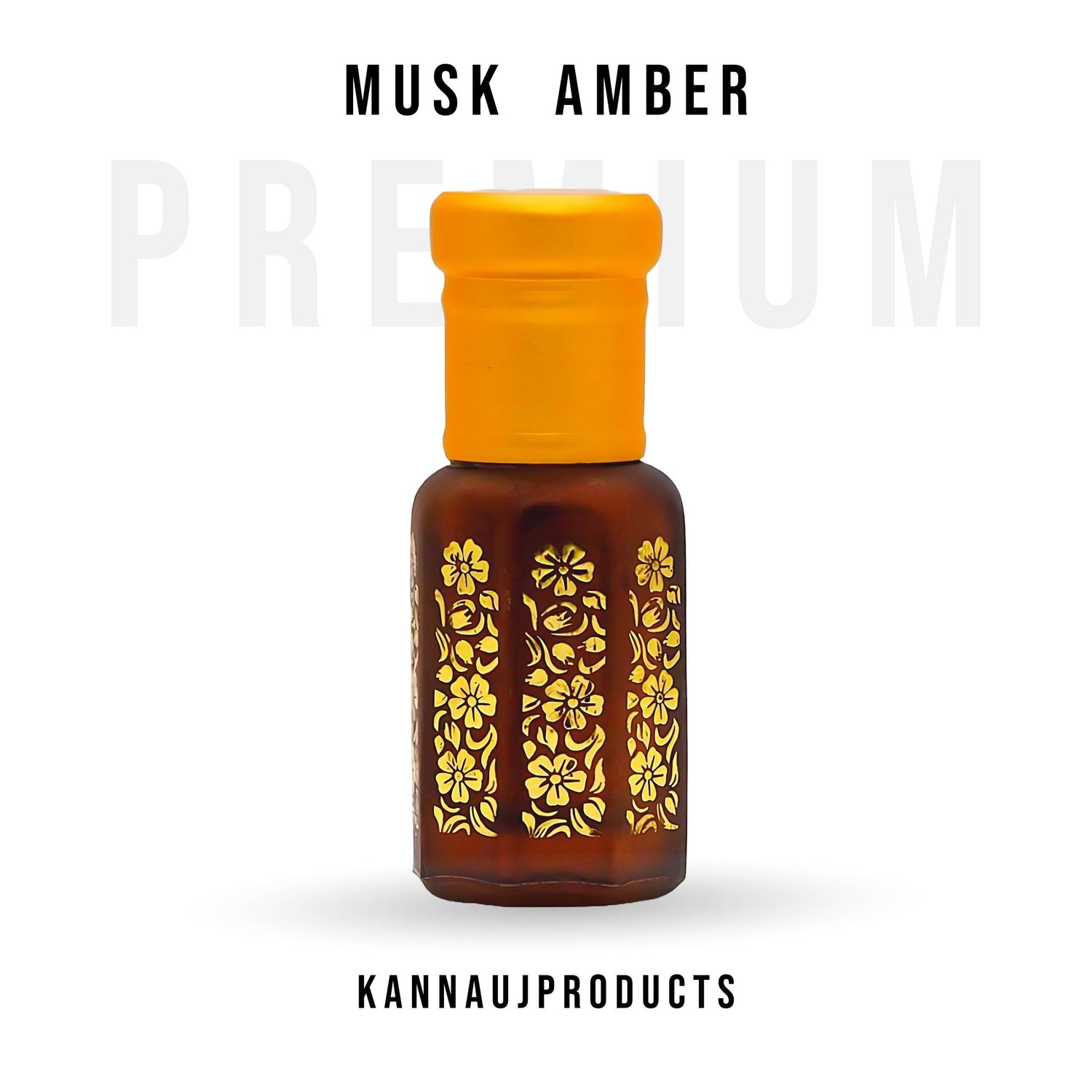 Bottle of Amber attar from Kannauj in brown glass with yellow cap and gold floral design for premium musk amber collection