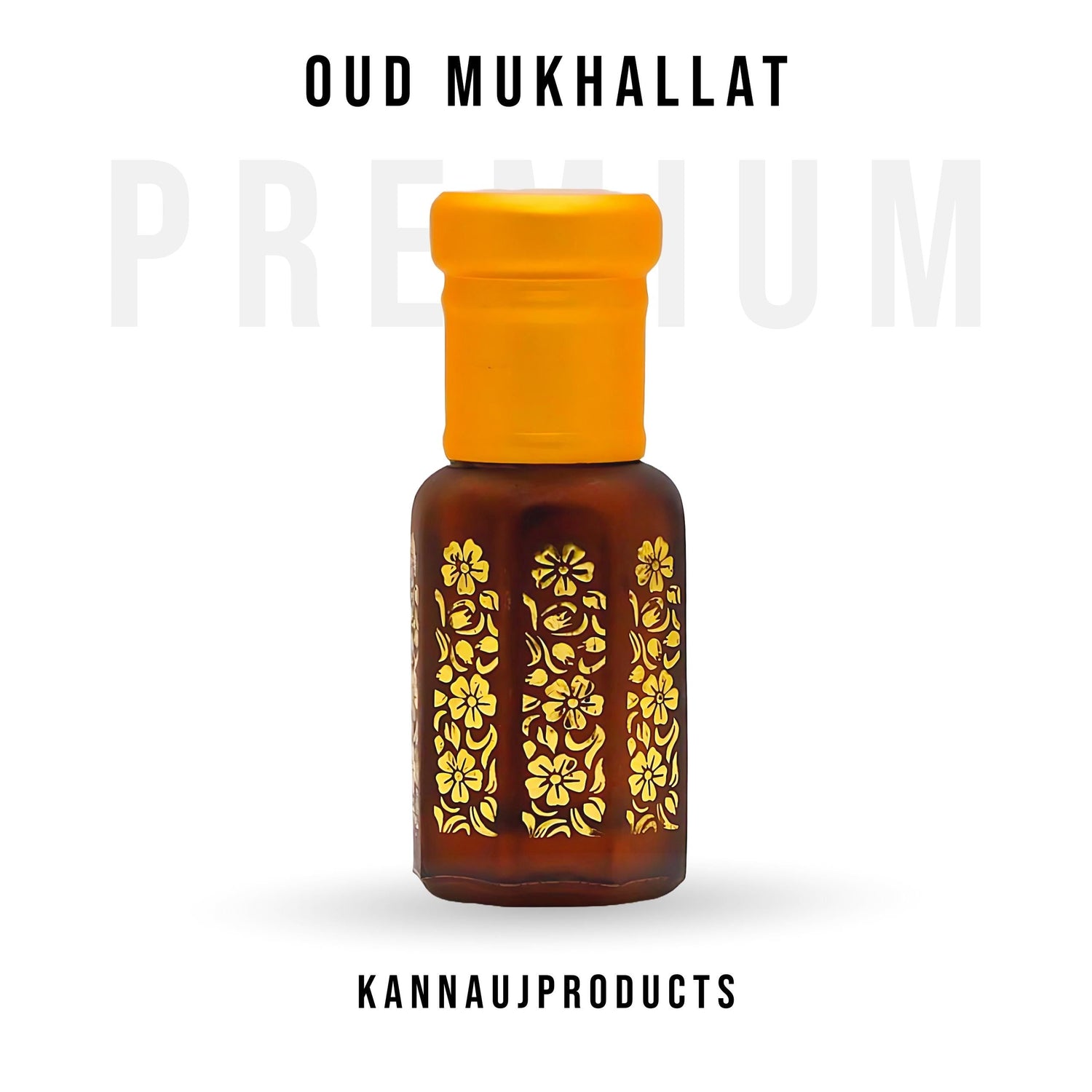 Oud perfume online premium Oudh attar bottle amber glass with gold floral design and orange cap on white background