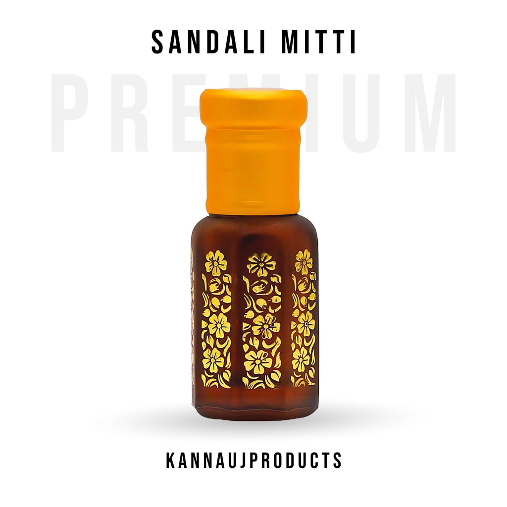 Kannauj Products sandalwood mitti attar in small brown glass bottle with yellow cap and gold floral design
